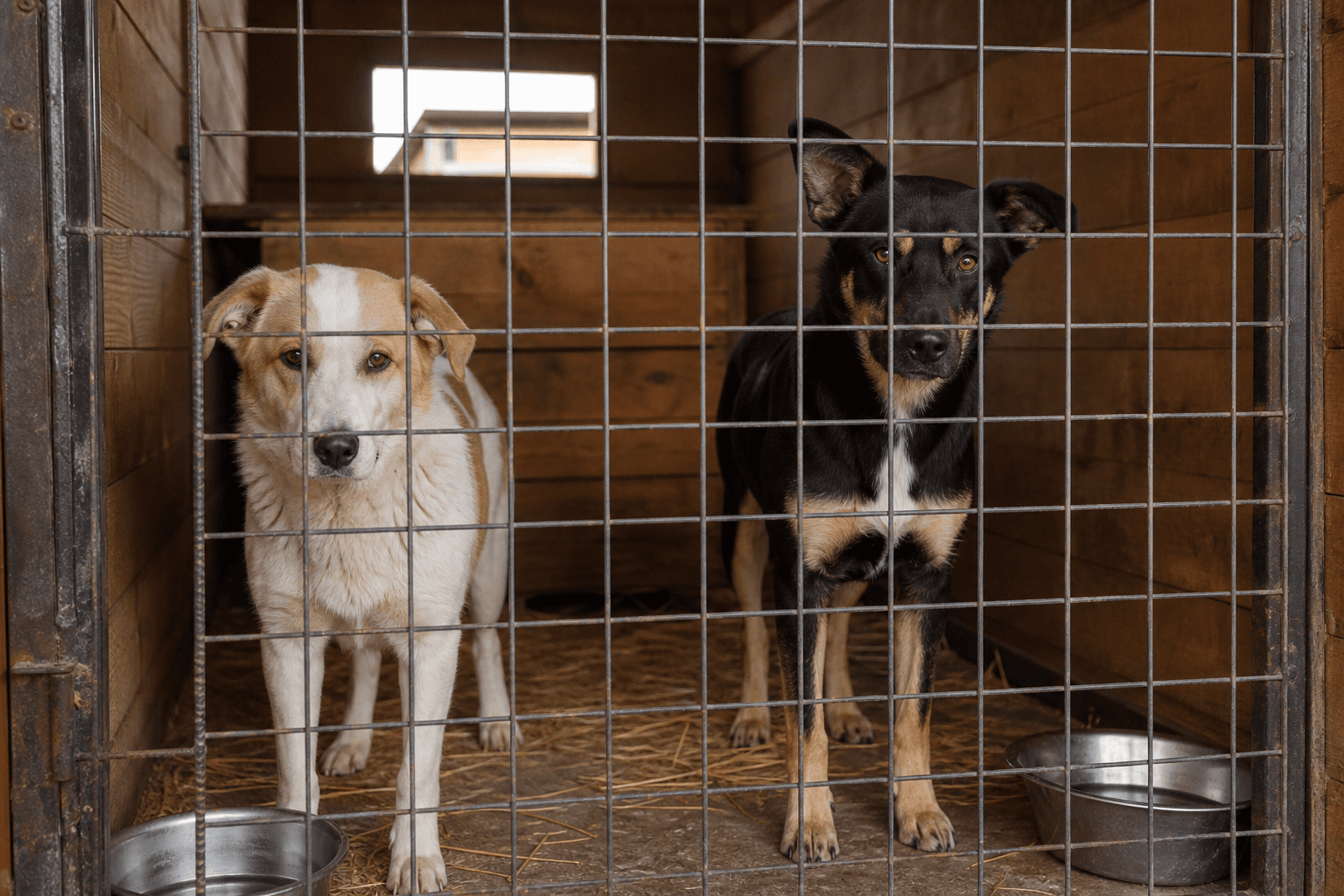 Dogs in a traditional wire-grid kennel boarding enclosure